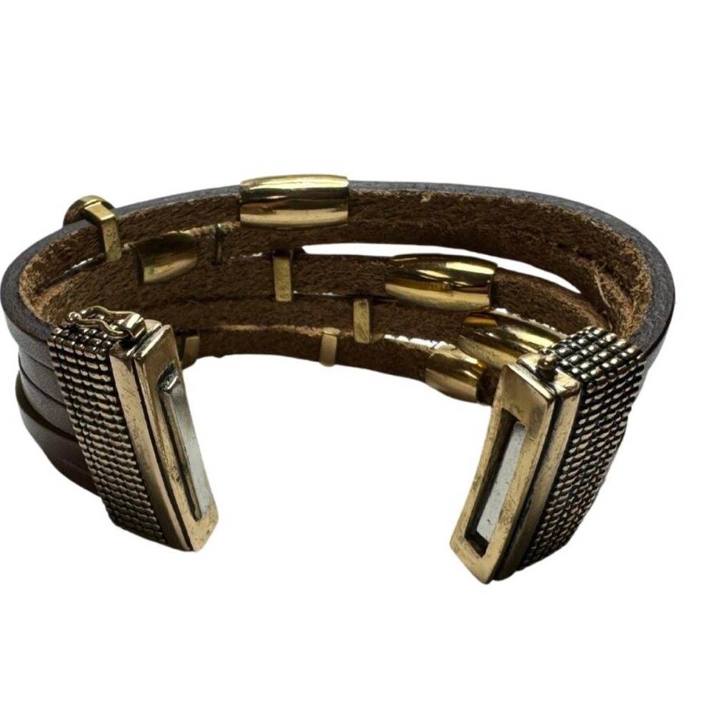 Barse Trendy Brown Leather Bracelet with Gold Clasp and Chic Gem Charms - Picture 3 of 4
